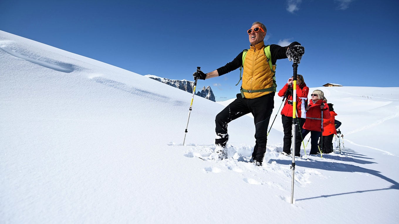 Snowshoe hiking on Alpe di Siusi